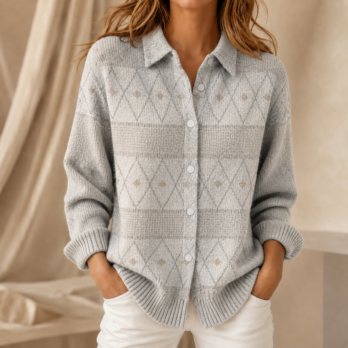 Cárdigan de punto con cuello Nuria en gris