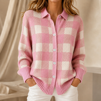 Cárdigan de punto con cuello Nuria en rosa a cuadros
