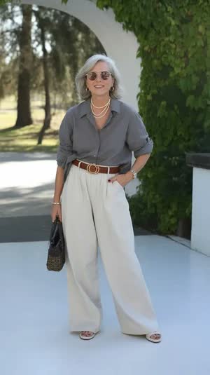 Clienta Sanoite, blusa gris y pantalón crudo